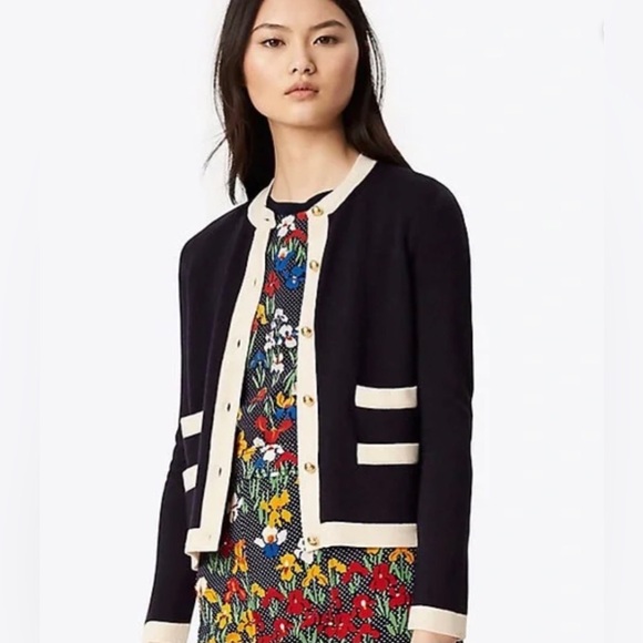 Tory Burch Sweaters - Tory Burch Kendra Cardigan Navy With Contrasting Cream Trim Size L